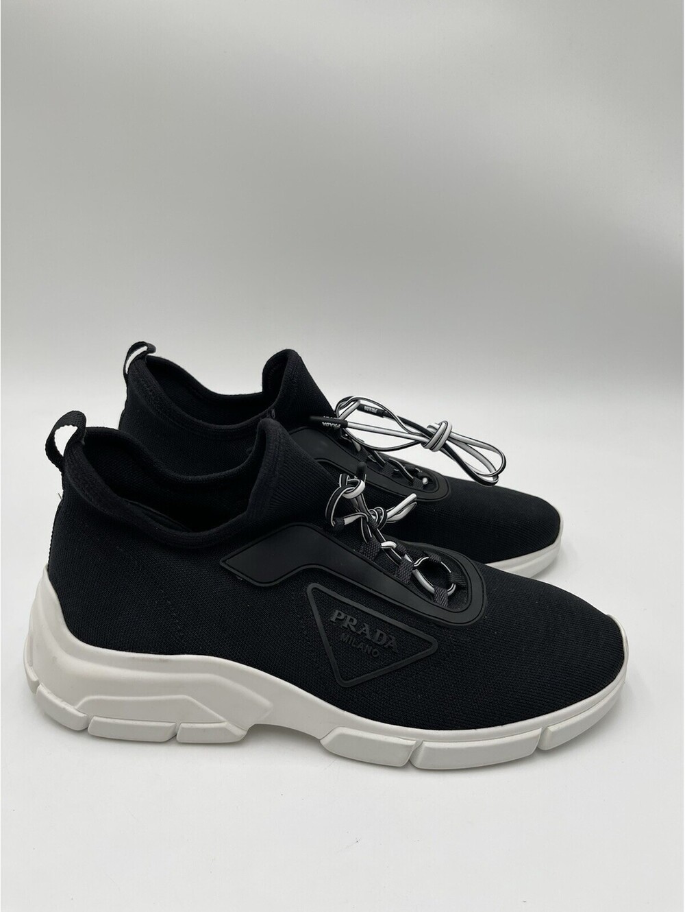 Women’s Prada Knit Lace Up Black Trainer Sneakers Shoes Black White Size 38.5